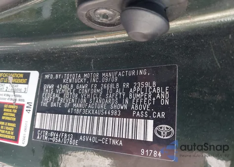 2010 Toyota Camry Le z USA, uszkodzony, nr VIN 4T1BF3EKXAU544983